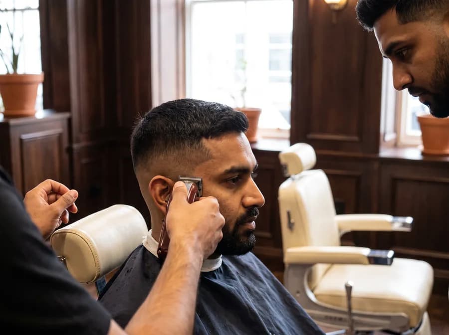 A barber giving a client a precision fade haircut with clippers in a wood-paneled barbershop