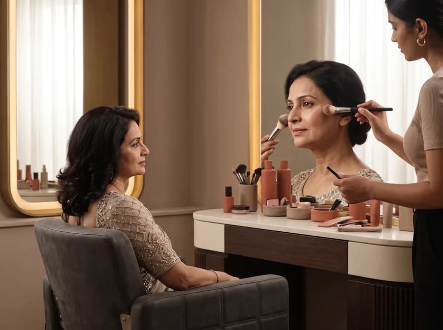 A makeup artist applying blush to a client's cheek at a mirrored vanity