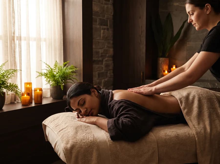 A massage therapist giving a client a back massage in a candlelit spa room